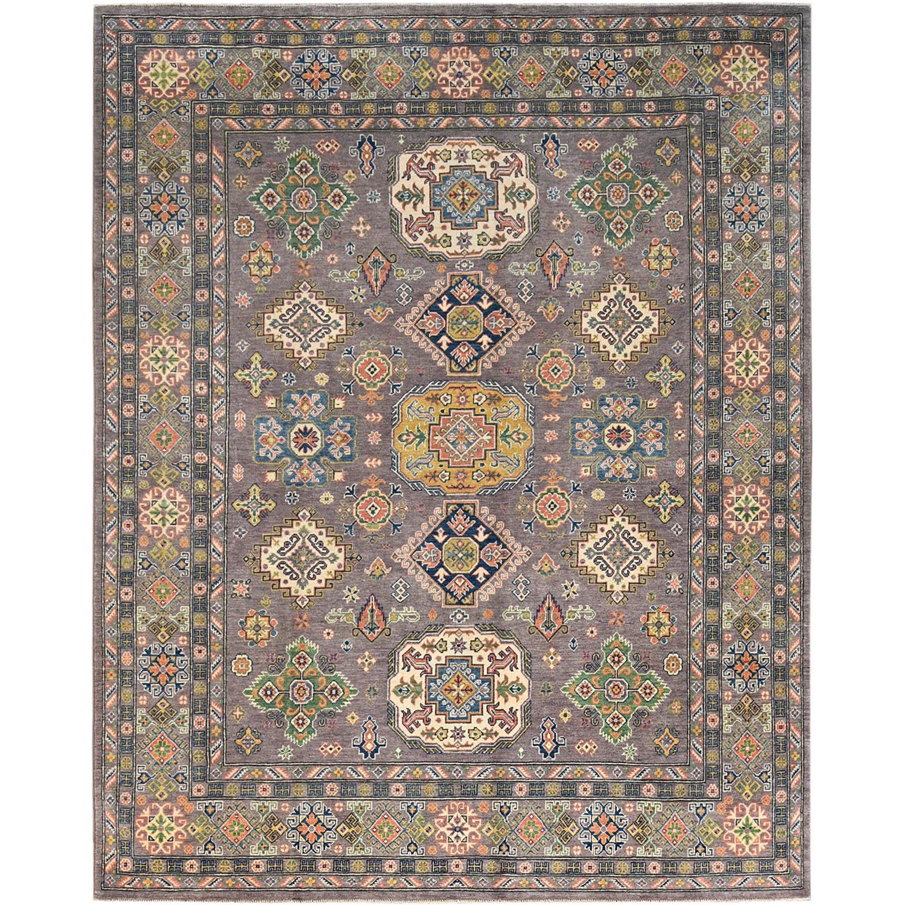 Graphite Gray, Hand Knotted Kazak Design, Densely Woven, Tribal Medallions, Vegetable Dyes, Soft And Shiny Wool, Oriental Rug